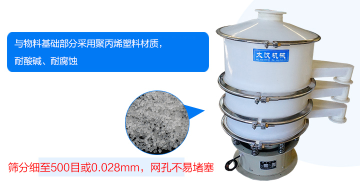 耐強酸、強堿腐蝕、物料不易變質(zhì)、不堵網(wǎng)、篩分效率高、使用壽命長