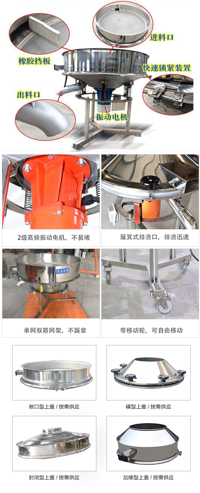 由高頻振動電機(jī)、進(jìn)料口、出料口、篩網(wǎng)等部分組成