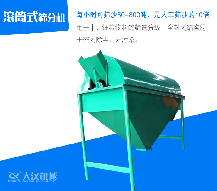 滾筒式篩分機(jī)用于中、細(xì)粒物料的篩選分級，全封閉結(jié)構(gòu)易 于密閉除塵，無污染。
