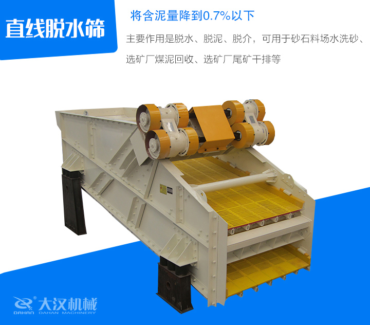 直線脫水篩主要作用是脫水、脫泥、脫介，可用于砂石料場(chǎng)水洗砂、 選礦廠煤泥回收、選礦廠尾礦干排等